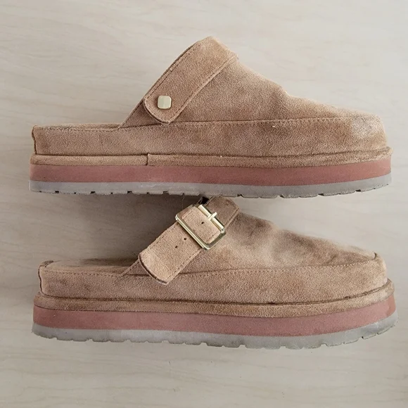 Madden Girl Grahamm Platform Tan Suede Slip-On Mules Clogs w/ Gold Buckle Size 8 - Picture 6 of 8